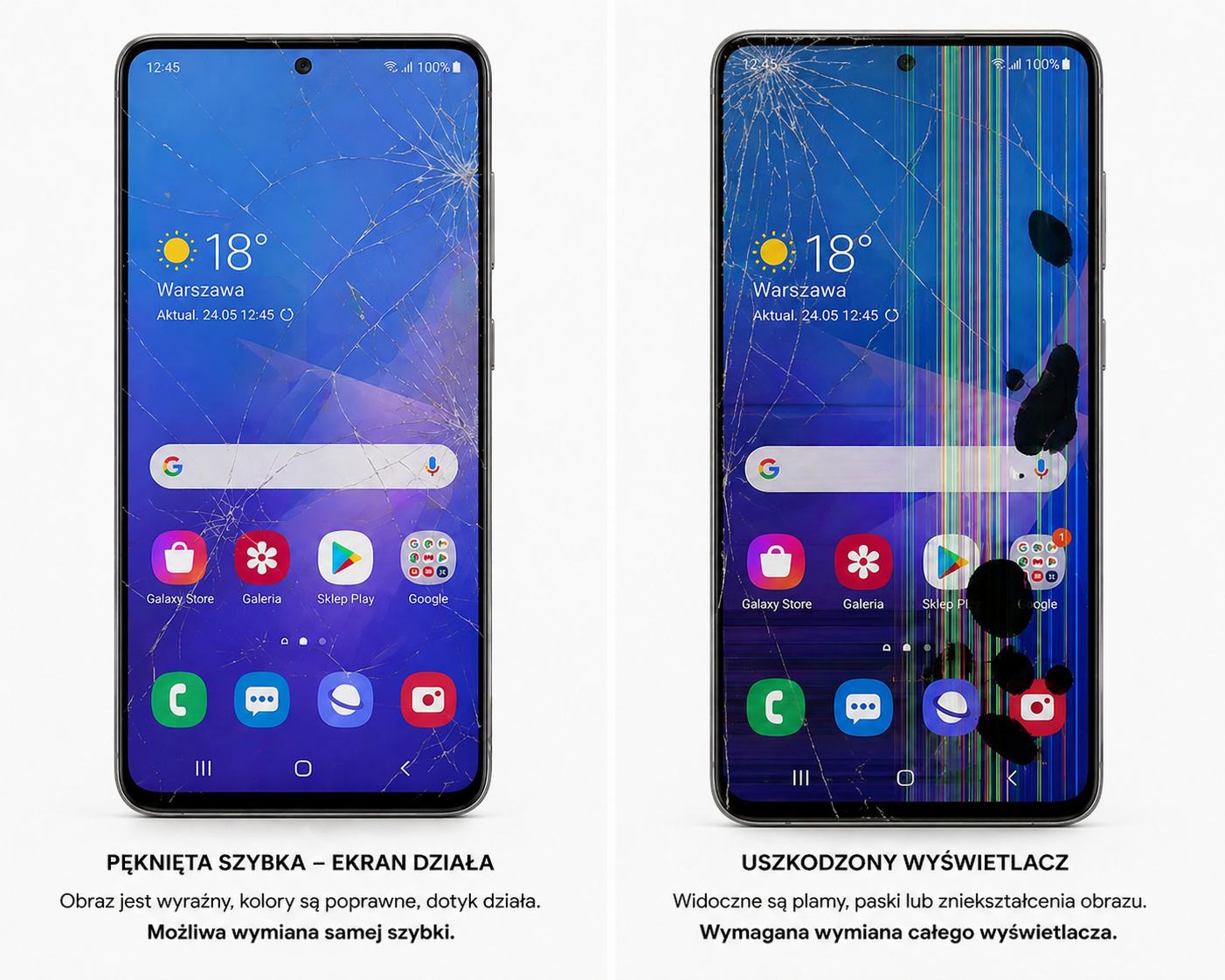 Android z pękniętą szybką i uszkodzonym wyświetlaczem - porównanie